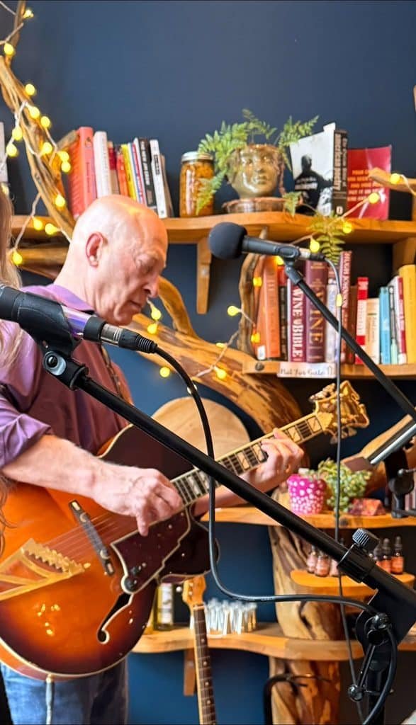 Stefan playing a hollow-body guitar with microphones and bookshelves around him